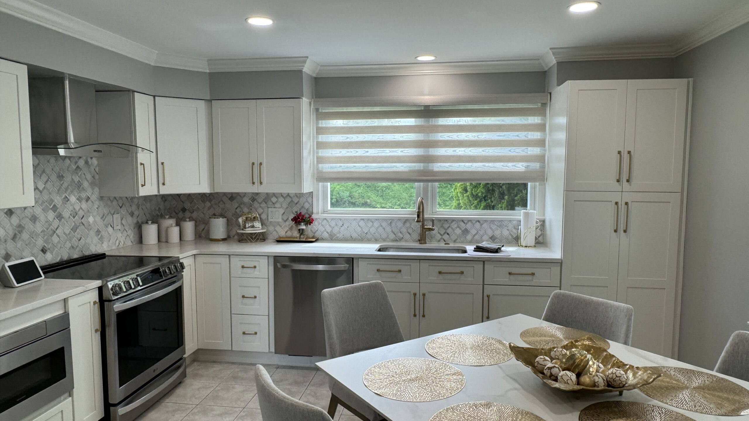New Kitchen Cabinets & Tile Backsplash, Quartz Countertops, Gold Handles